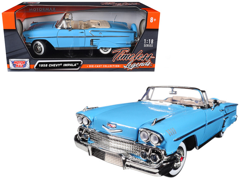 1958 Chevrolet Impala Convertible Light Blue Timeless Classics 1/18 Diecast Car Model Motormax 73112