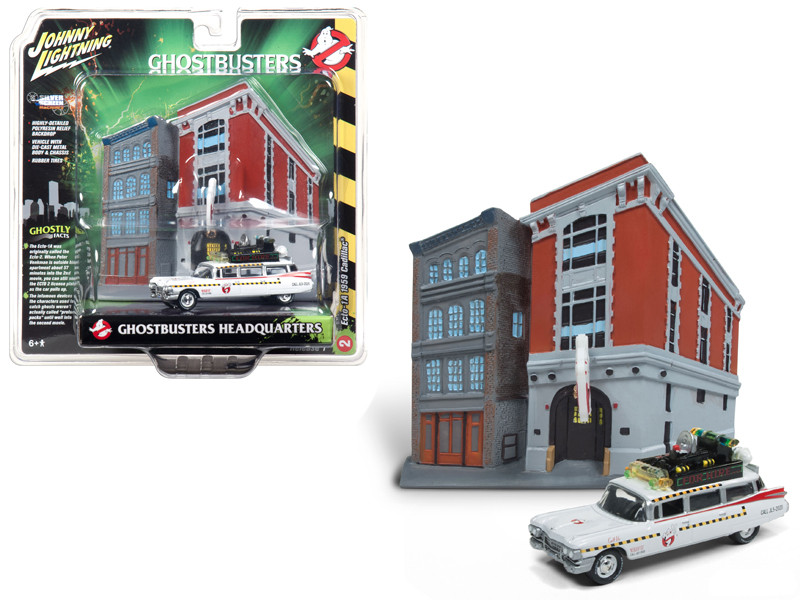 1959 Cadillac Ecto-1A Ambulance Firehouse Exterior Diorama Ghostbusters II 1989 Movie 1/64 Diecast Model Johnny Lightning JLDR002 JLSP031