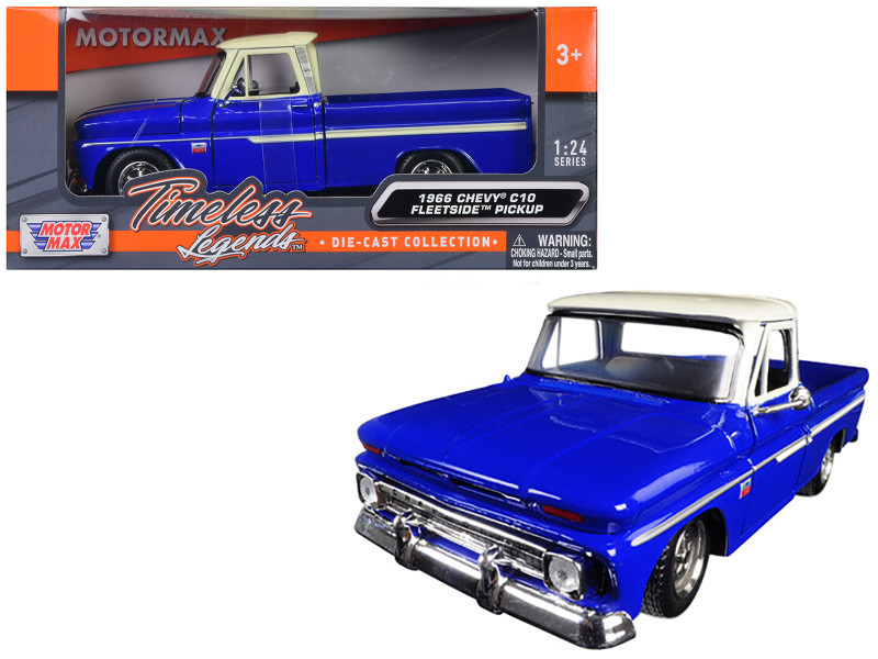1966 Chevrolet C10 Fleetside Pickup Truck Blue Cream Top 1/24 Diecast Car Model Motormax 73355
