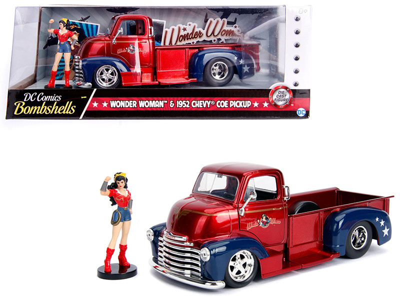 1952 Chevrolet COE Pickup Truck Red Blue Wonder Woman Diecast Figure DC Comics Bombshells Series 1/24 Diecast Model Car Jada 30453