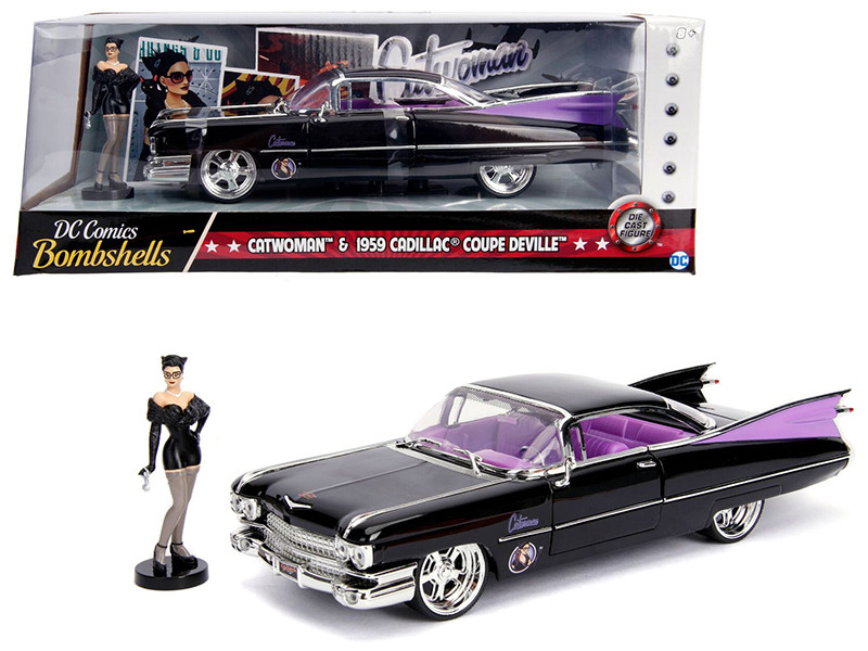 1959 Cadillac Coupe DeVille Black Catwoman Diecast Figure DC Comics Bombshells Series 1/24 Diecast Model Car Jada 30458
