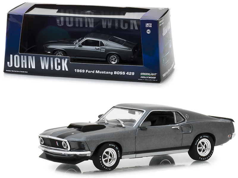 1969 Ford Mustang BOSS 429 Gray Black Stripes John Wick 2014 Movie 1/43 Diecast Model Car Greenlight 86540