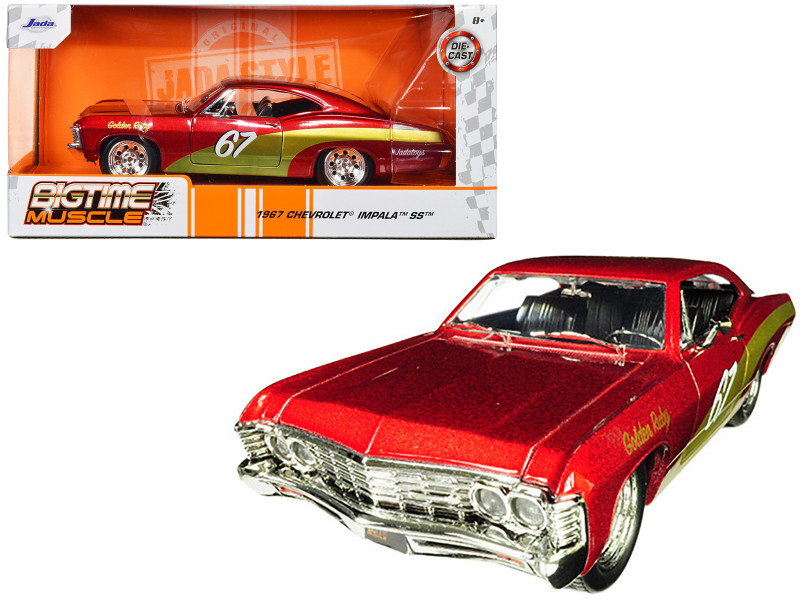 1967 Chevrolet Impala SS #67 Golden Ruby Red Gold Stripes Bigtime Muscle 1/24 Diecast Model Car Jada 30529