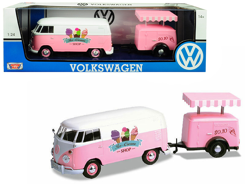 Volkswagen T1 Delivery Van Ice-Cream Trailer Pink White Ice-Cream Shop 1/24 Diecast Model Car Motormax 79672
