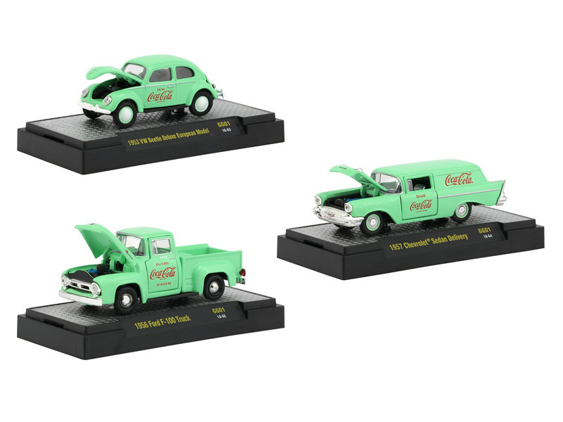 Coca Cola Green Set 3 Cars Limited Edition 4800 pieces Worldwide Hobby Exclusive 1/64 Diecast Model Cars M2 Machines 52500-GG01