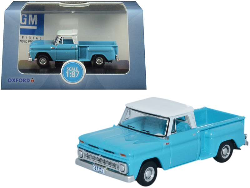 1965 Chevrolet C10 Stepside Pickup Truck Light Blue White Top 1/87 HO Scale Diecast Model Car Oxford Diecast 87CP65001