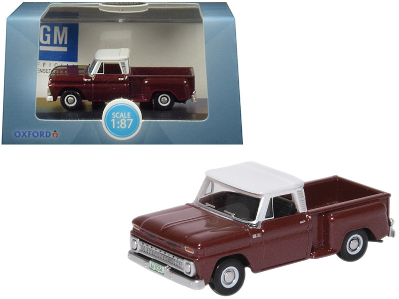 1965 Chevrolet C10 Stepside Pickup Truck Metallic Maroon with White Top 1/87 (HO) Scale Diecast Model Car by Oxford Diecast
