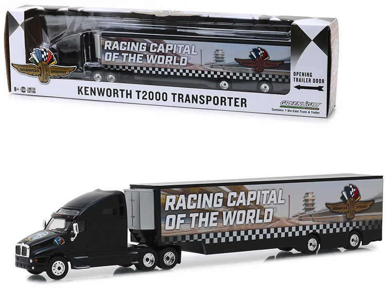 Kenworth T2000 Transporter Indianapolis Motor Speedway Wheel Wings Flag Hobby Exclusive 1/64 Diecast Model Greenlight 30037