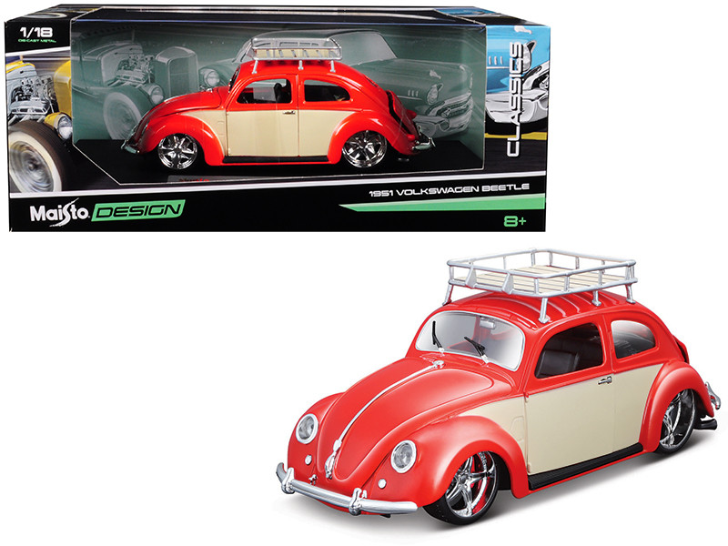 1951 Volkswagen Beetle Roof Rack Orange Red Classic Muscle 1/18 Diecast Model Car Maisto 32614