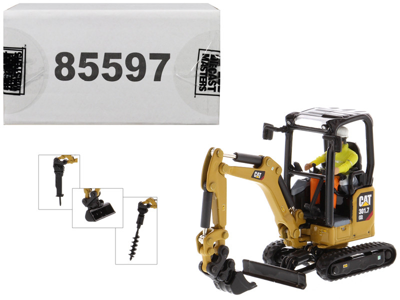 CAT Caterpillar 301.7 CR Next Generation Mini Hydraulic Excavator with Work Tools Operator High Line Series 1/50 Diecast Model Diecast Masters 85597