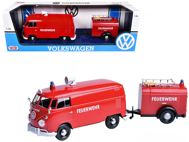 Volkswagen Type 2 T1 Fire Van Fire Fighting Trailer Feuerwehr Red 1/24 Diecast Model Car Motormax 79671