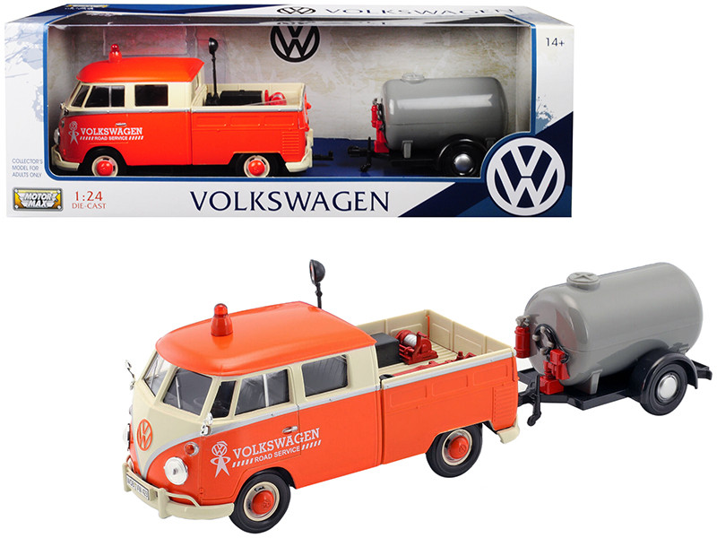 Volkswagen Type 2 T1 Pickup Truck Orange Cream Oil Trailer Road Service 1/24 Diecast Model Car Motormax 79674