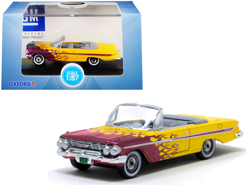 1961 Chevrolet Impala Convertible Yellow Purple Flames Hot Rod 1/87 HO Scale Diecast Model Car Oxford Diecast 87CI61004