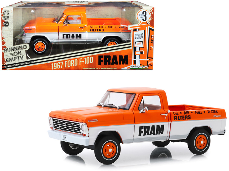 1967 Ford F 100 Pickup Truck Orange And White Fram Oil Filters Running On Empty Series 3 124 Diecast Model Car By Greenlight