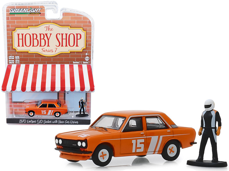 1970 Datsun 510 4-Door Sedan #15 Orange Race Car Driver Figurine The Hobby Shop Series 7 1/64 Diecast Model Car Greenlight 97070 D