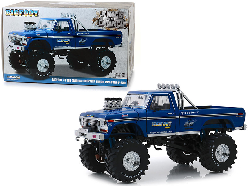 1974 Ford F-250 Bigfoot #1 The Original Monster Truck Blue 48-Inch Tires Kings of Crunch 1/18 Diecast Model Car Greenlight 13537