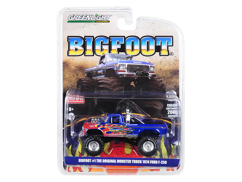1974 Ford F-250 Monster Truck Bigfoot #1 The Original Blue with Flames Limited Edition 4600 pieces Worldwide 1/64 Diecast Model Car Greenlight 51282