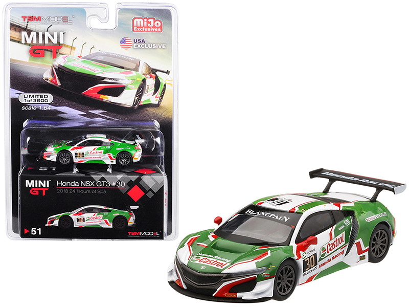 Honda NSX GT3 #30 Castrol 24 Hours of Spa 2018 Limited Edition 3600 pieces Worldwide 1/64 Diecast Model Car True Scale Miniatures MGT00051