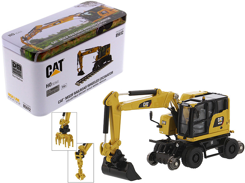 CAT Caterpillar M323F Railroad Wheeled Excavator 3 Accessories High Line Series 1/87 HO Scale Diecast Model Diecast Masters 85612