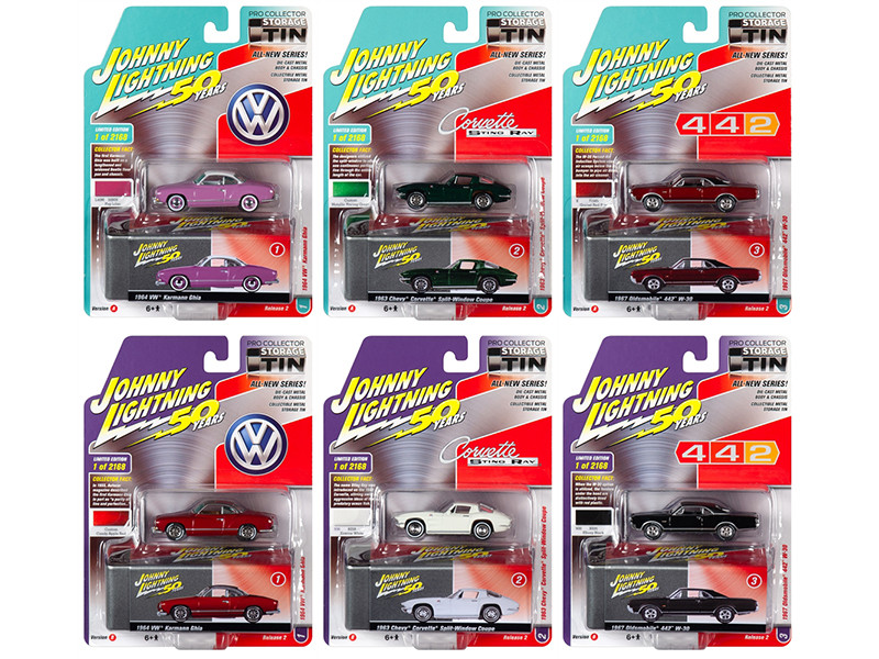 Johnny Lightning Collector's Tin 2019 Release 2 Set of 6 Cars Johnny Lightning 50th Anniversary Limited Edition 2168 pieces Worldwide 1/64 Diecast Models Johnny Lightning JLCT002