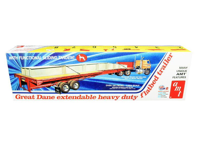 Skill 3 Model Kit Great Dane Extendable Heavy Duty Flat Bed Trailer with Functional Sliding Tandem 1/25 Scale Model AMT AMT1111