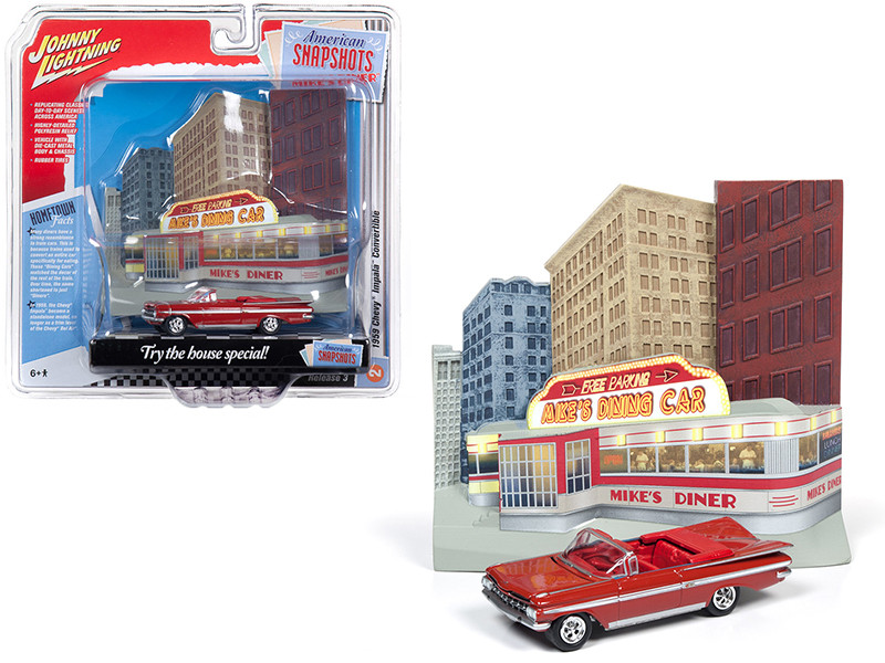 1959 Chevrolet Impala Convertible Red Mike’s Diner Front Facade Diorama Set American Snapshots 1/64 Diecast Model Car Johnny Lightning JLDR005