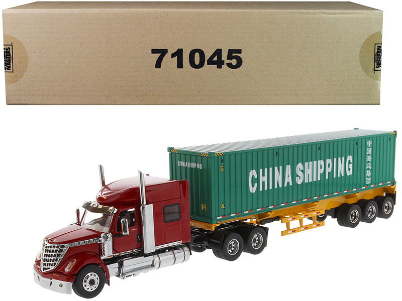 International LoneStar Sleeper Cab Red with Skeleton Trailer and 40' Dry Goods Sea Container China Shipping Green Transport Series 1/50 Diecast Model Diecast Masters 71045