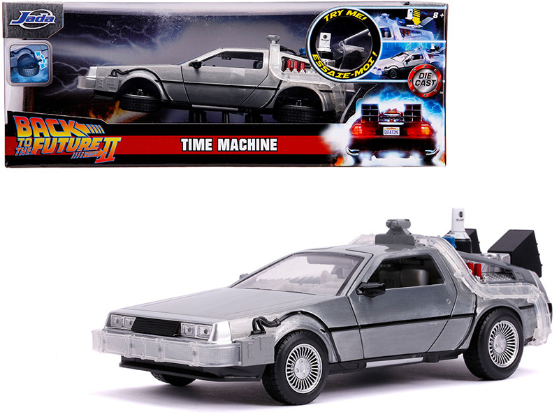 DeLorean Brushed Metal Time Machine with Lights Flying Version Back to the Future Part II 1989 Movie Hollywood Rides Series 1/24 Diecast Model Car Jada 31468