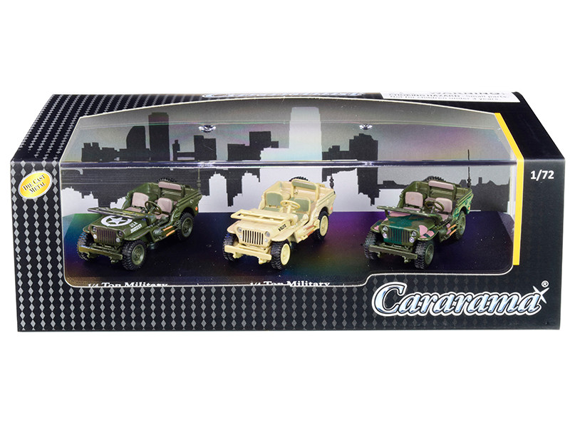 1/4 Ton Military Vehicles Set of 3 pieces in Display Showcase 1/72 Diecast Model Cars by Cararama