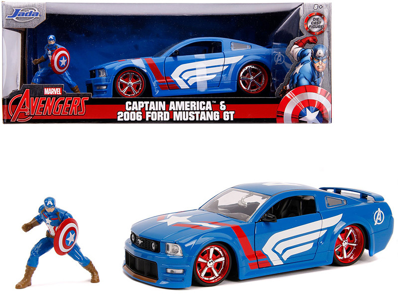 2006 Ford Mustang GT Captain America Diecast Figurine Avengers Marvel Series 1/24 Diecast Model Car Jada 31187