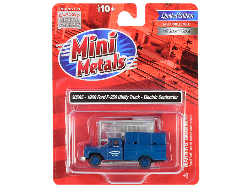 1960 Ford F-250 Utility Truck Electric Contractor Dark Blue 1/87 HO Scale Model Classic Metal Works 30585
