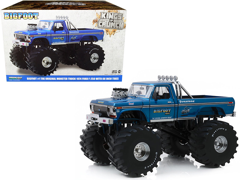 1974 Ford F-250 Ranger XLT Monster Truck Blue Bigfoot #1 with 66-Inch Tires Kings of Crunch Series 1/18 Diecast Model Car Greenlight 13541