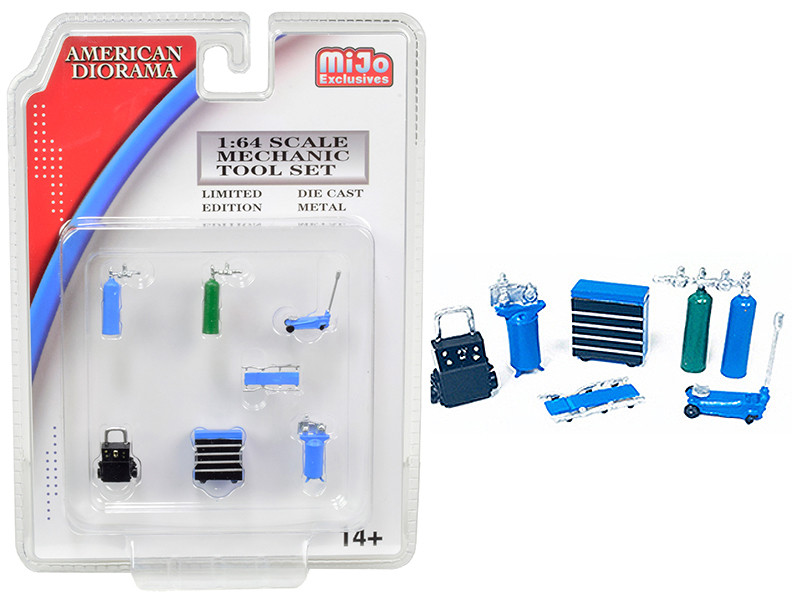 Mechanic Tool Set of 7 pieces Blue for 1/64 Scale Models by American Diorama
