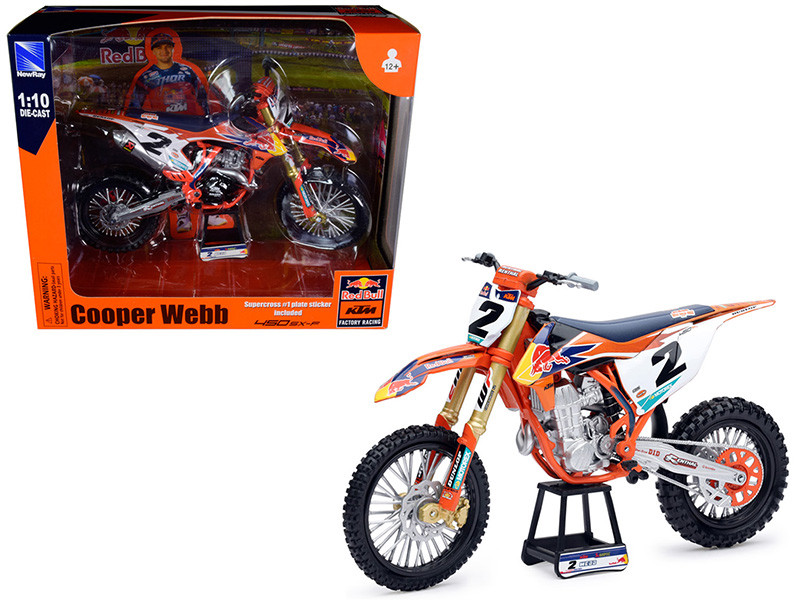 KTM 450 SX-F #2 Cooper Webb with Supercross #1 Plate Stickers Red Bull KTM Factory Racing 1/10 Diecast Motorcycle Model New Ray 58213