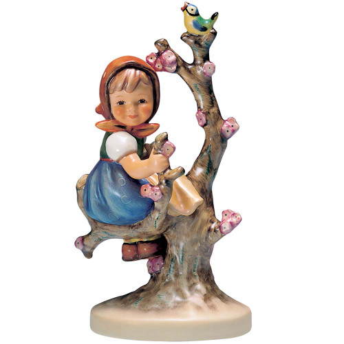 M.I. Hummel figurine HUM 141/I Apple Tree Girl, featuring a young girl sitting in an apple tree with a small bird, handcrafted in Germany.