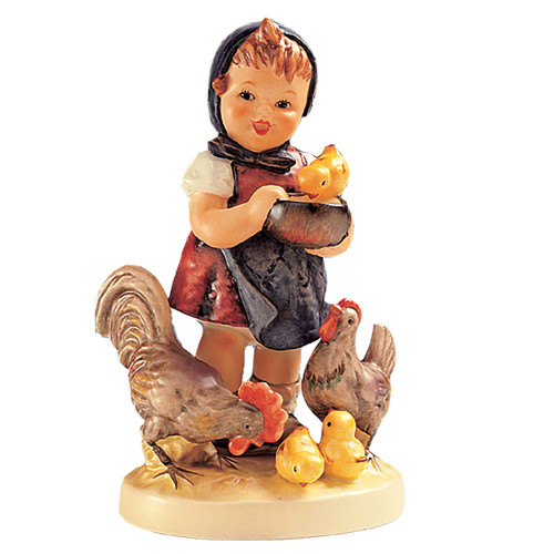 M.I. Hummel figurine HUM 199/0 Feeding Time featuring a young girl surrounded by a rooster, hen, and three baby chicks, handcrafted in Germany.