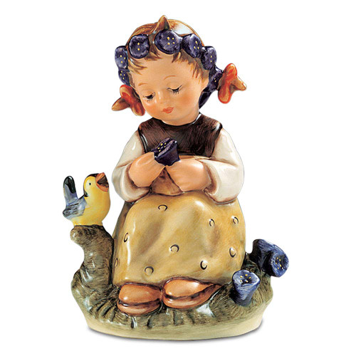 M.I. Hummel figurine HUM 351/0 The Botanist featuring a young girl wearing a flower crown and holding a basket of spring blossoms, handcrafted in Germany.