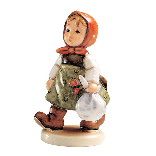 M.I. Hummel 'Grandma’s Girl' (HUM 561) featuring a girl in a red headscarf and green dress carrying a bag and flowers.