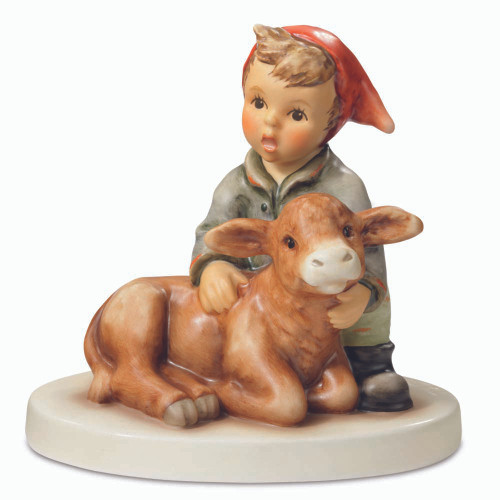 M.I. Hummel figurine HUM 2324 Cuddly Calf featuring a young boy kneeling next to a small brown calf, handcrafted in Germany.