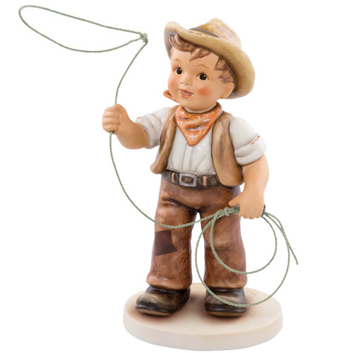 M.I. Hummel figurine HUM 2356 "Rodeo Roundup" featuring a boy cowboy with a real rope lasso.