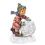 First Snow HUM 2035 M.I. Hummel figurine of a young girl rolling a large snowball. Close-up of the hand-painted wool cap and scarf on the M.I. Hummel First Snow figurine.