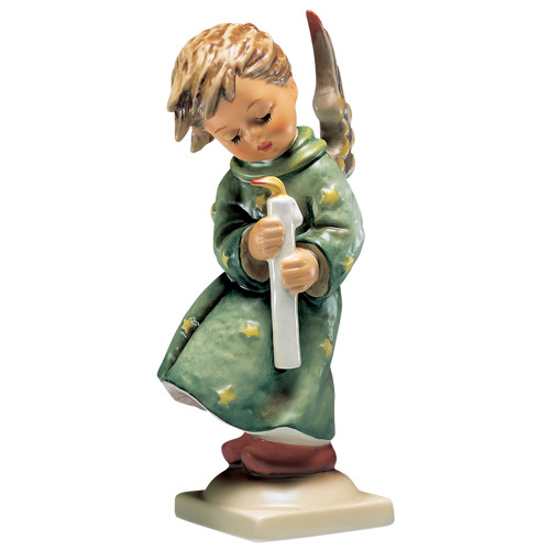 Heavenly Angel HUM 21 M.I. Hummel figurine holding a candle in a green robe.M.I. Hummel Heavenly Angel (HUM 21/III) 14.5"