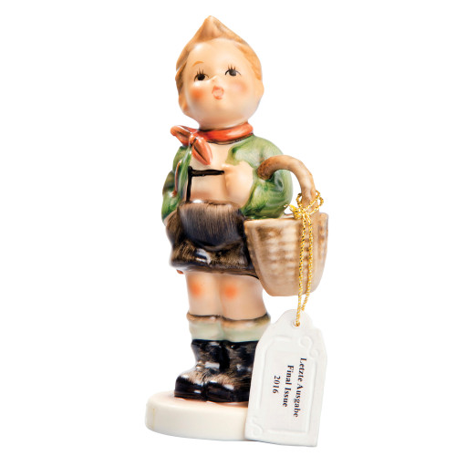 M.I. Hummel Final Issue figurine HUM 51 "Village Boy" featuring a boy with a basket on a cobblestone base.