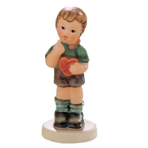M.I. Hummel Petite Favorites figurine HUM 2050/B "Be Mine" featuring a boy in lederhosen holding a large red heart.