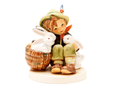 Hand-painted M.I. Hummel 'Playmates' figurine HUM 58/I showing a boy with three rabbits and a basket