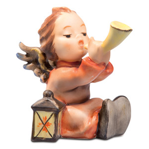 Tuneful Angel HUM 359 M.I. Hummel small angel figurine blowing a golden horn. The Tuneful Angel HUM 359 is shown alongside Guiding Angel and Shining Light figurines.