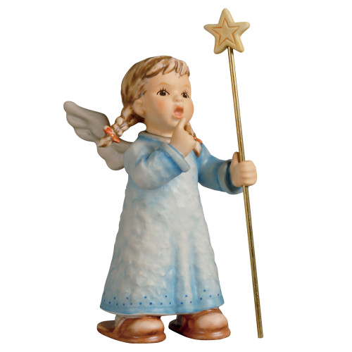 HUM 2254 M.I. Hummel pigtailed angel figurine holding a golden star staff. Close-up of the shimmering golden star and hand-painted blue robe on the M.I. Hummel Susi angel.