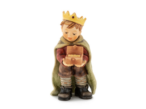 Close-up of the shimmering gold within the treasure chest held by the M.I. Hummel Melchior figurine.  King Melchior HUM 2230/G M.I. Hummel Nativity figurine standing with a green cloak and treasure chest.