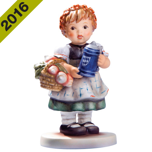 M.I. Hummel 'Bavarian Cheer' (HUM 2373) showing a girl in a dirndl holding a beer mug and a basket of radishes.