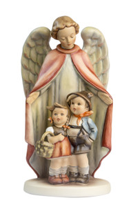 Heavenly Protection HUM 88/I M.I. Hummel figurine of a guardian angel with two children. Close-up of the vibrant red cloak and protective arms of the M.I. Hummel Heavenly Protection angel.